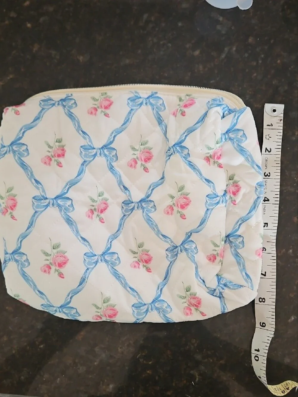 NWOT Quilted Floral Cosmetic Pouch in White with Blue Ribbon Print